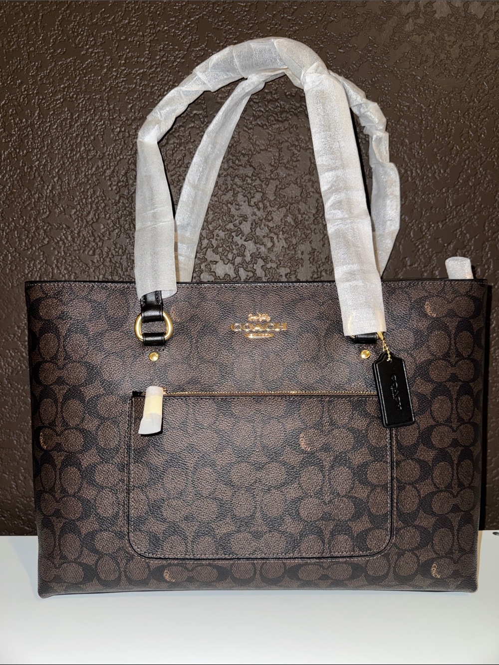 Coach Dark Brown Signature Canvas Tote with Gold Hardware